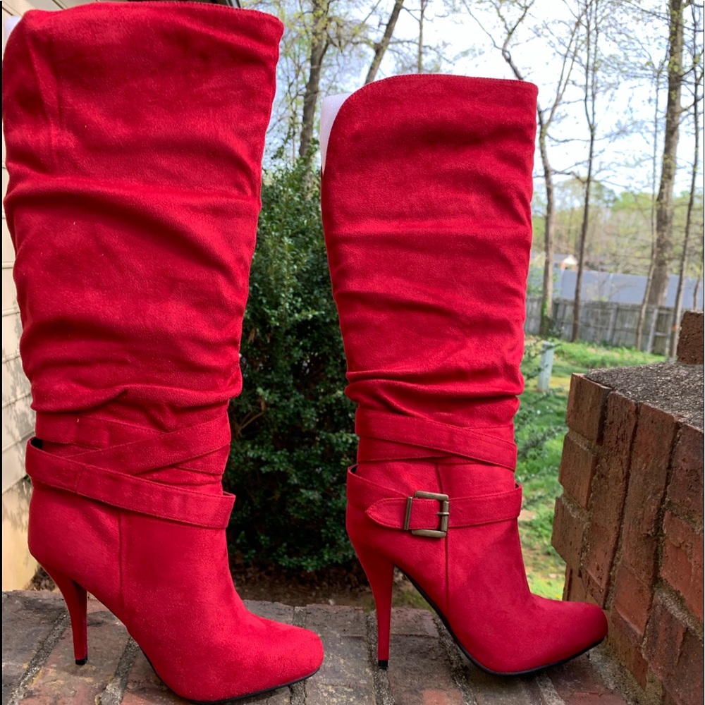 Red knee high boots
